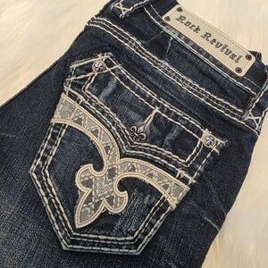 Rock Revival Women's Dark Blue Jeans with Cream Stitching